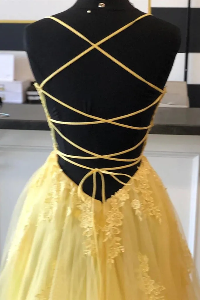 Yellow Prom Dresses Lace Floral A Line Open Back Split Formal Evening Gowns