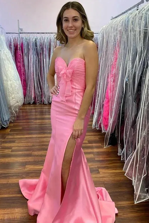 Yellow Satin Mermaid Strapless Side Slit Long Prom Dresses With Bow, MP1008