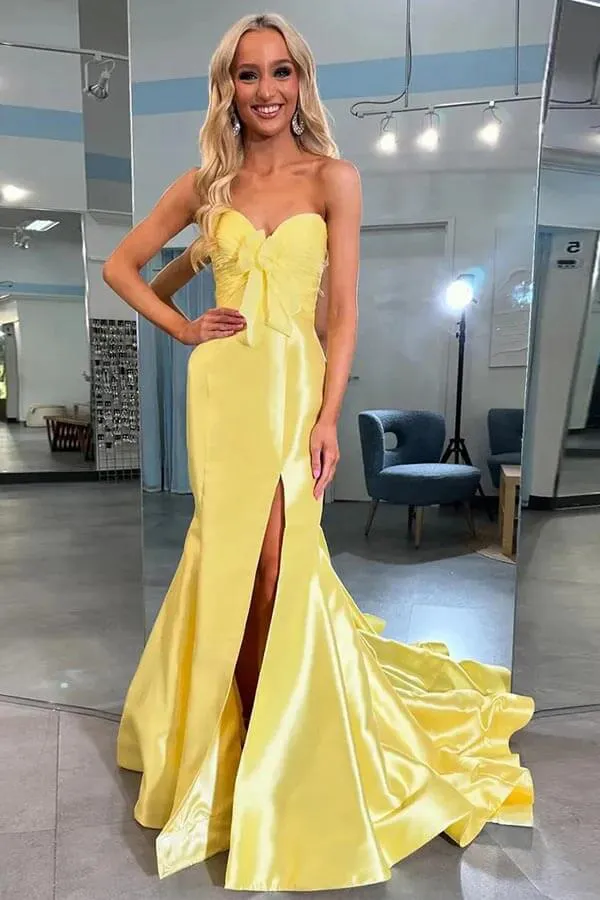 Yellow Satin Mermaid Strapless Side Slit Long Prom Dresses With Bow, MP1008
