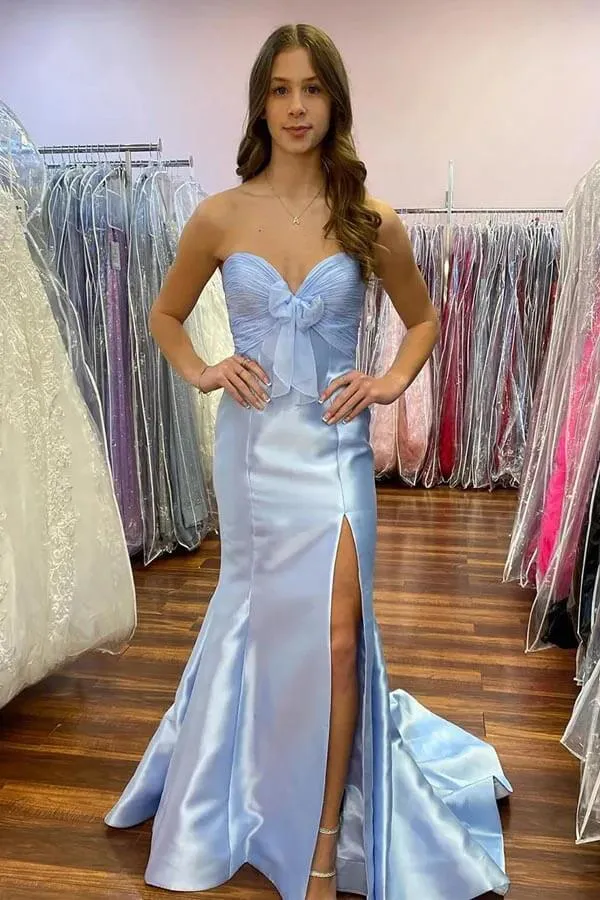 Yellow Satin Mermaid Strapless Side Slit Long Prom Dresses With Bow, MP1008