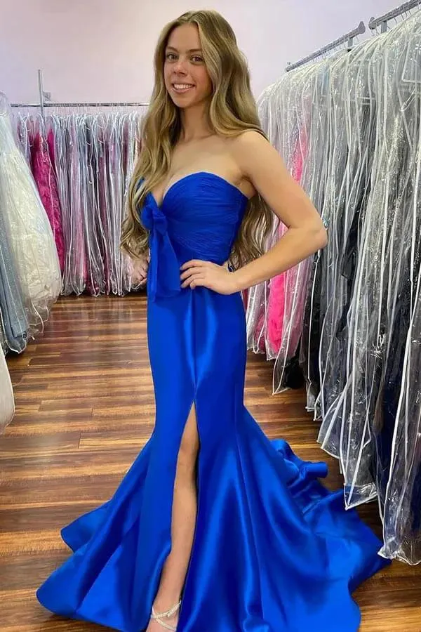 Yellow Satin Mermaid Strapless Side Slit Long Prom Dresses With Bow, MP1008